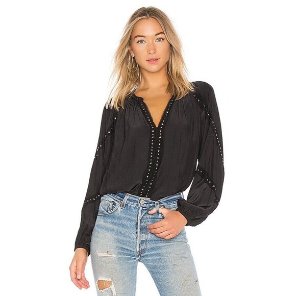 RAMY BROOK Gilda Studded Split Sleeve Blouse Solid Black  Top Size XSMALL EUC - Picture 1 of 10